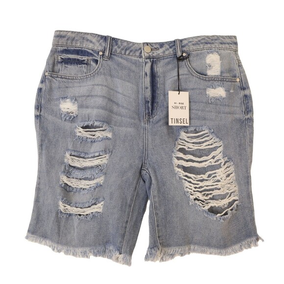 Tinsel Hi-Rise Distressed Bermuda Short 28 Denim Jeans Raw Edge Cut Off Blue B10 - Picture 1 of 5
